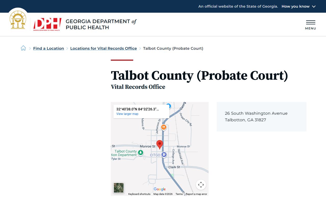Talbot County Georgia Probate Court page for obituary and death records