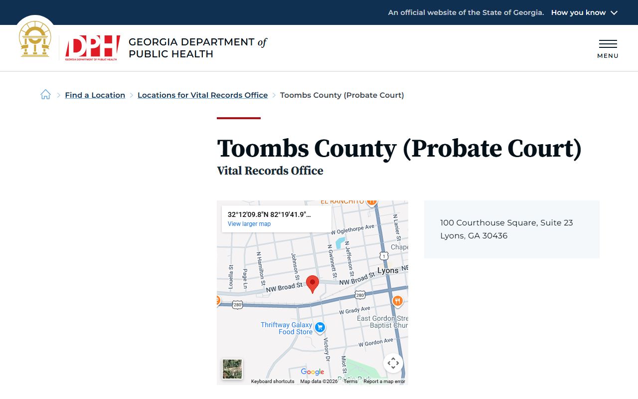 Toombs County Georgia Probate Court page for obituary and death records