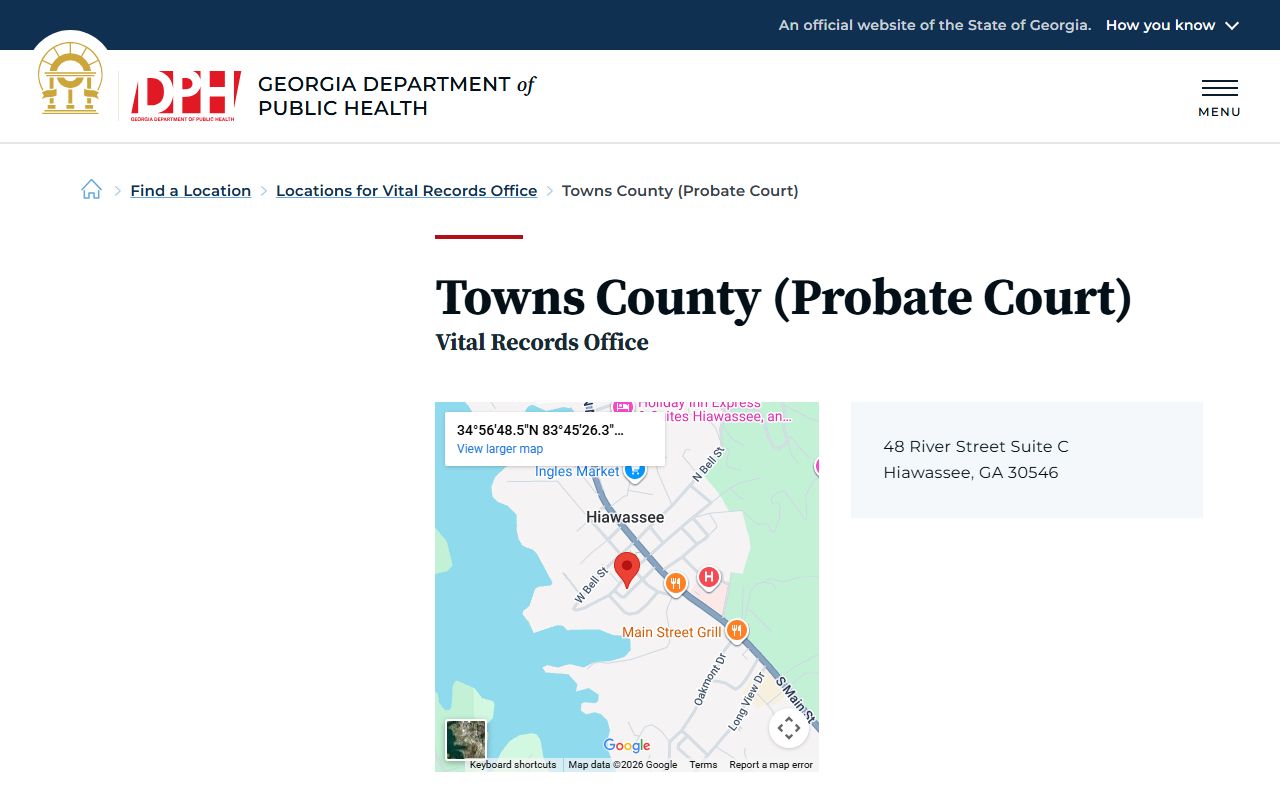 Towns County Georgia Probate Court page for obituary and death records