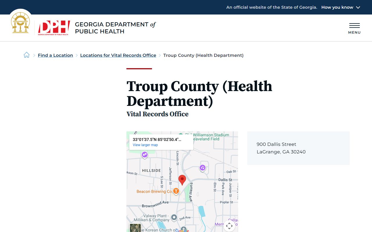 Troup County Georgia Health Department page for obituary and death records