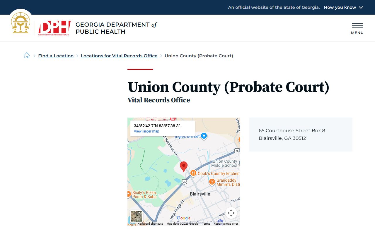 Union County Georgia Probate Court page for obituary and death records