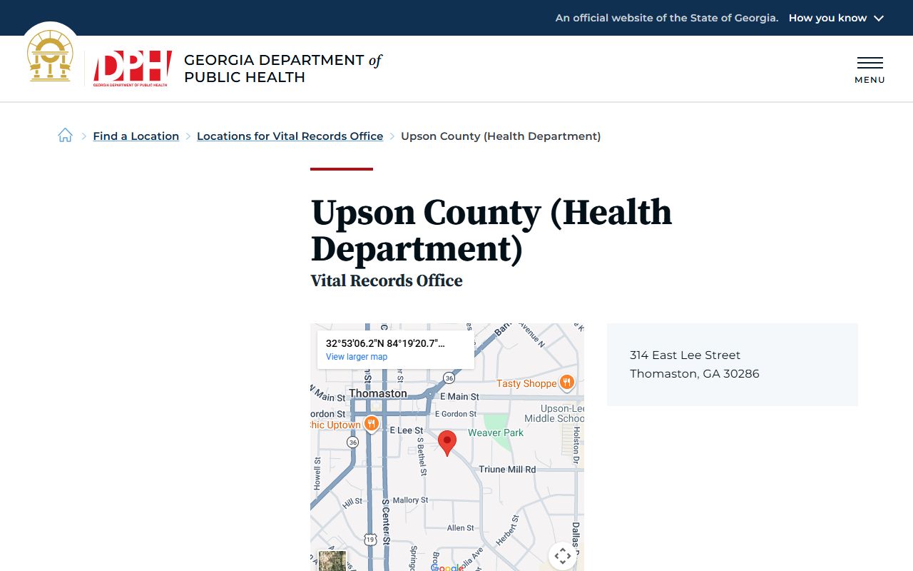 Upson County Georgia Health Department page for obituary and death records