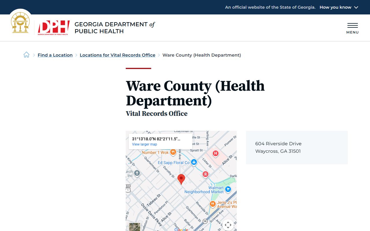 Ware County Georgia Health Department page for obituary and death records