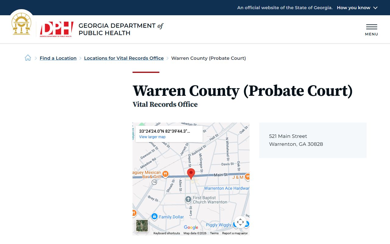Warren County Georgia Probate Court page for obituary and death records