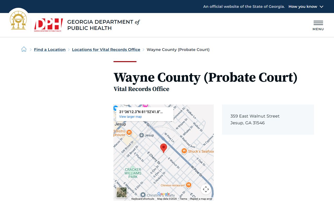 Wayne County Georgia Probate Court page for obituary and death records