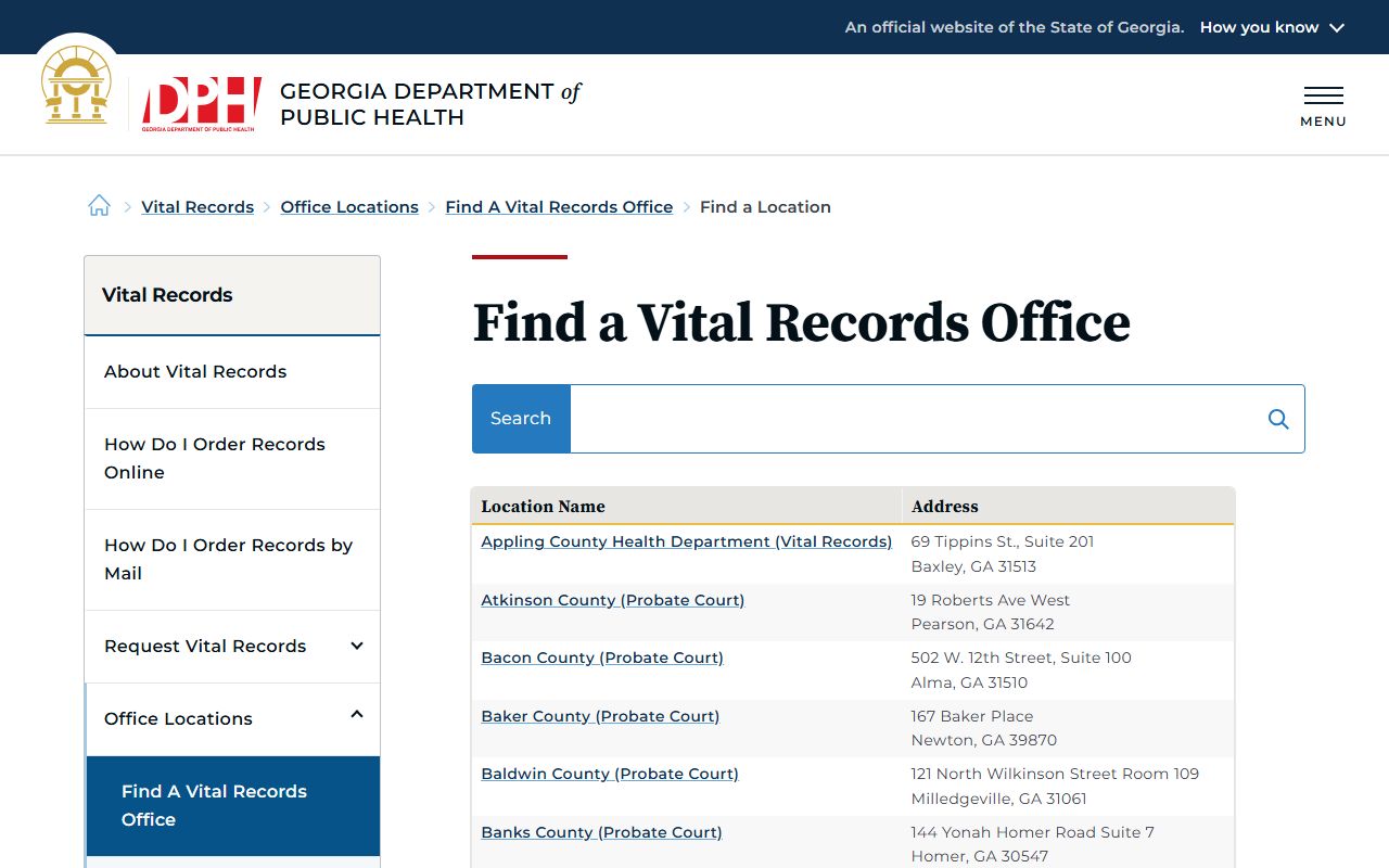 Georgia DPH vital records office locator for obituary and death records
