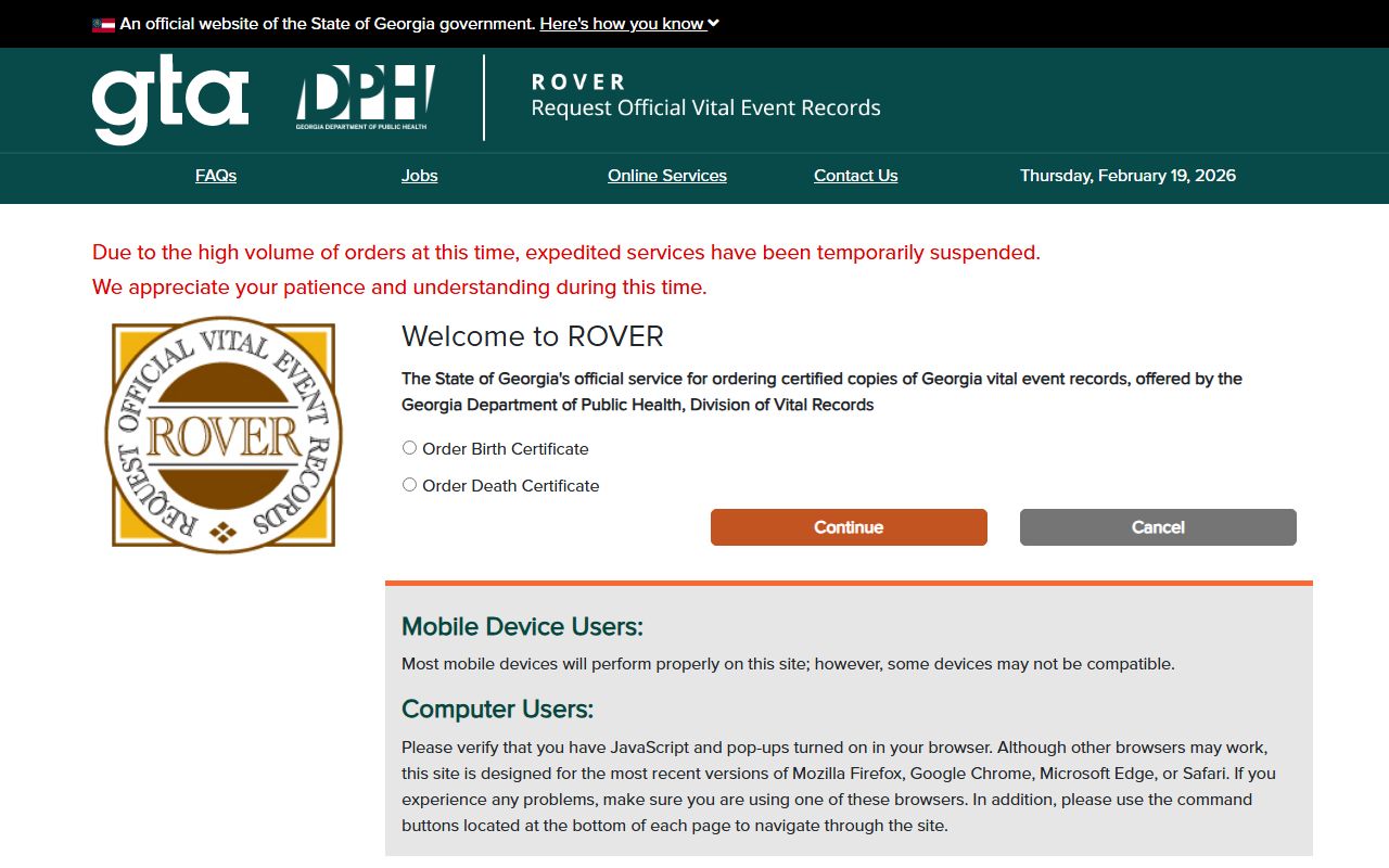 Georgia ROVER online ordering system for obituary and death certificate copies